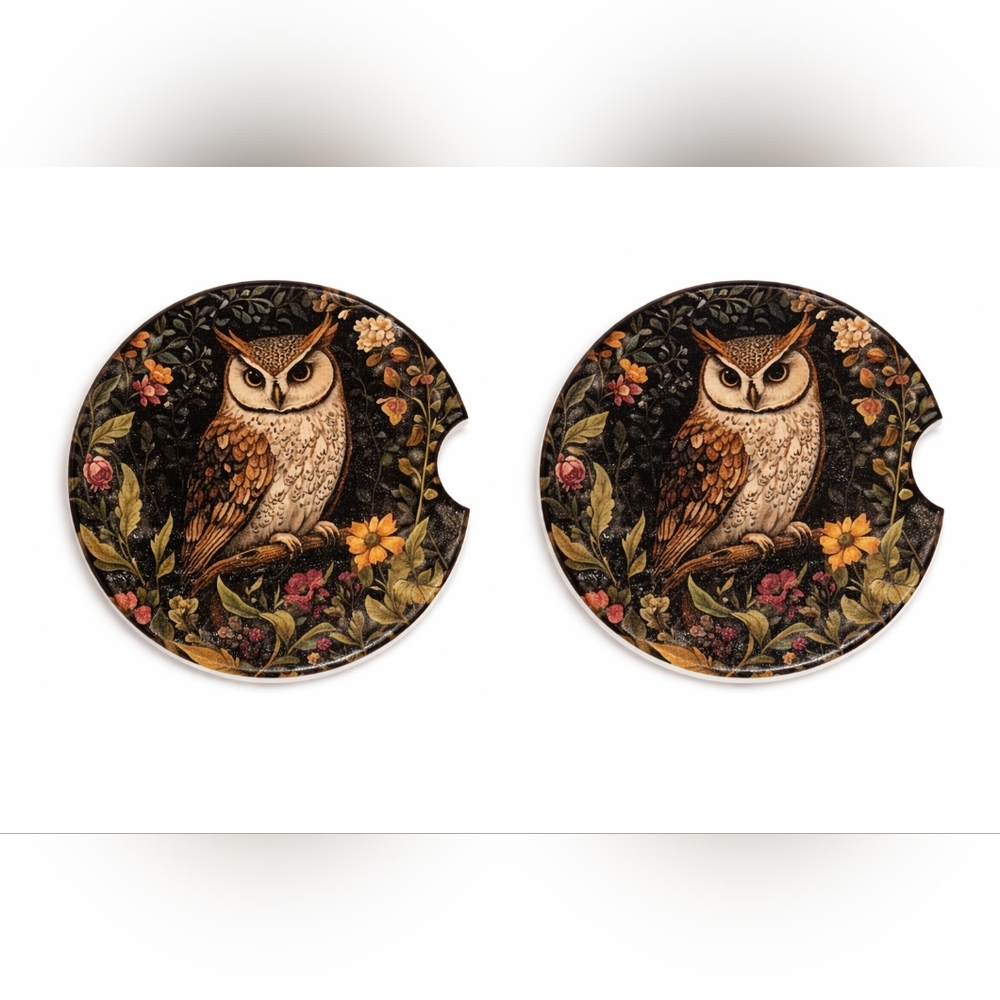 Owl‎ Floral Ceramic Car Cup Holder Coasters Set of 2 Cork Back Universal Fit